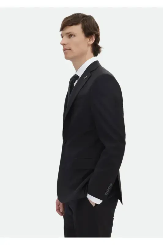 Black Plain Modern Fit Wool Blend Suit - 3
