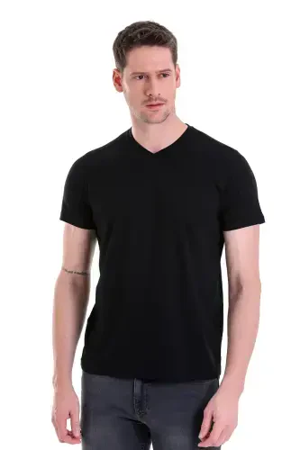 Black Plain Regular Fit 100% Cotton V Neck T-Shirt-Black - 1