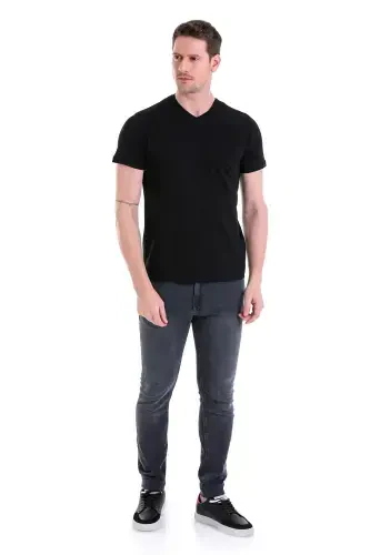 Black Plain Regular Fit 100% Cotton V Neck T-Shirt-Black - HATEMOĞLU (1)