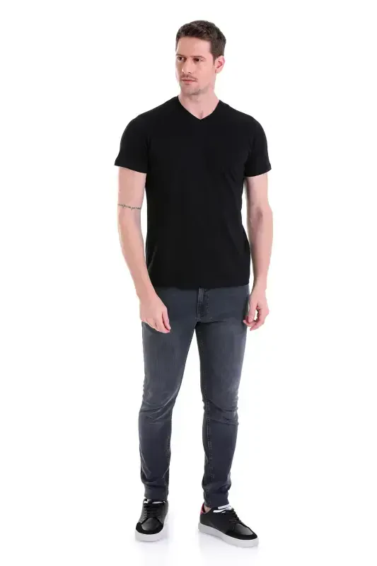 Black Plain Regular Fit 100% Cotton V Neck T-Shirt-Black - 2