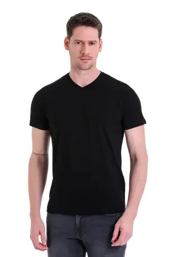 Black Plain Regular Fit 100% Cotton V Neck T-Shirt-Black - 3