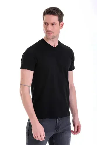 Black Plain Regular Fit 100% Cotton V Neck T-Shirt-Black - 4