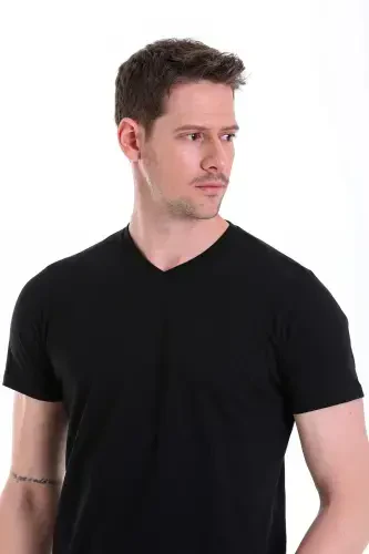 Black Plain Regular Fit 100% Cotton V Neck T-Shirt-Black - 5