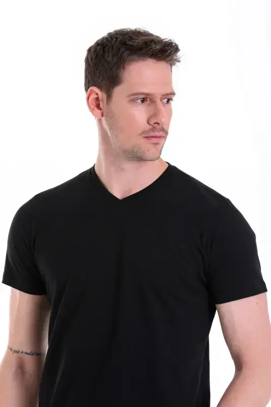 Black Plain Regular Fit 100% Cotton V Neck T-Shirt-Black - 5