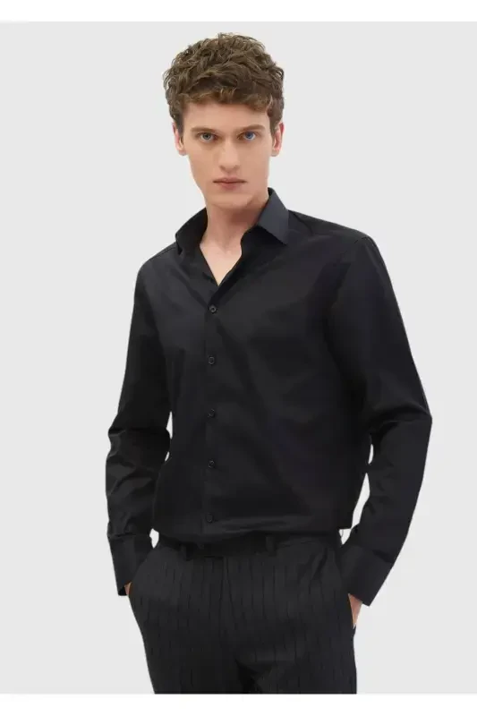 Black Plain Regular Fit Woven Classic 100% Cotton Shirt - 1