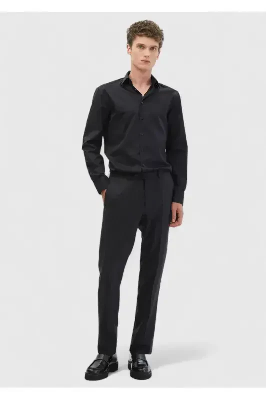 Black Plain Regular Fit Woven Classic 100% Cotton Shirt - 2