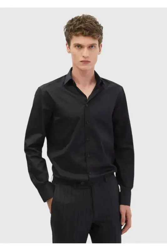 Black Plain Regular Fit Woven Classic 100% Cotton Shirt - 3