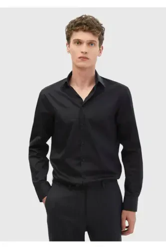 Black Plain Regular Fit Woven Classic 100% Cotton Shirt - 4