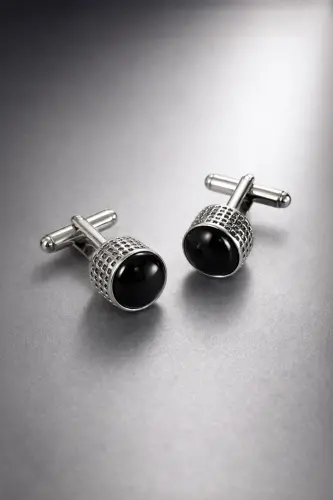 Black Plain Round Cufflinks - Black02 - HATEMOĞLU (1)