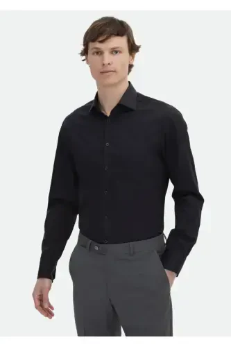 Black Plain Slim Fit Woven Classic 100% Cotton Shirt - 1