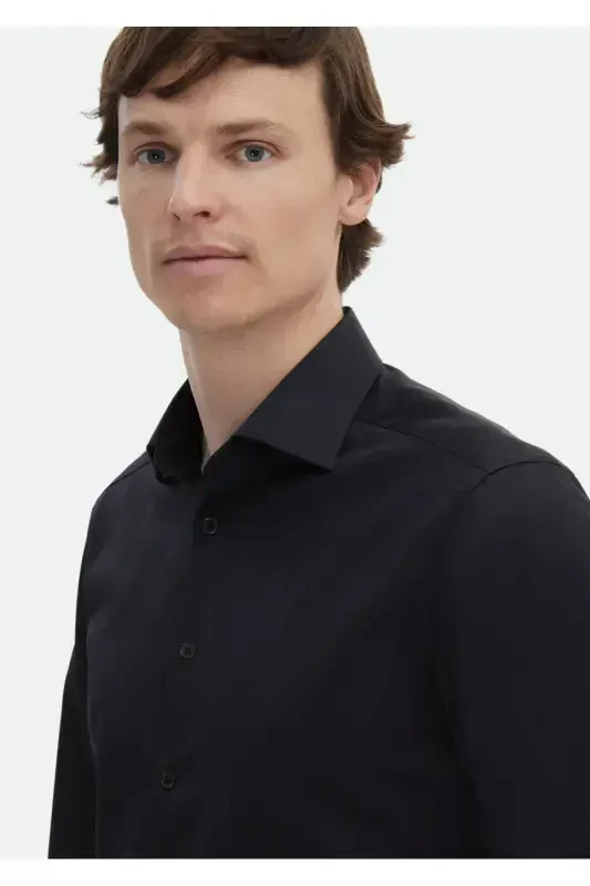 Black Plain Slim Fit Woven Classic 100% Cotton Shirt - 3