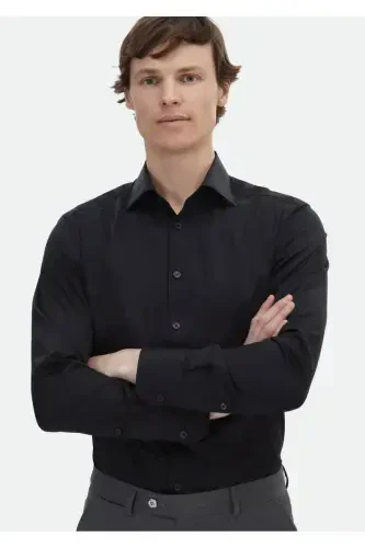 Black Plain Slim Fit Woven Classic 100% Cotton Shirt - 5