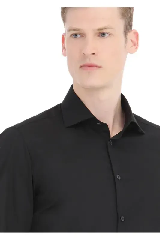 Black Plain Slim Fit Woven Classic Cotton Blend Shirt - 3