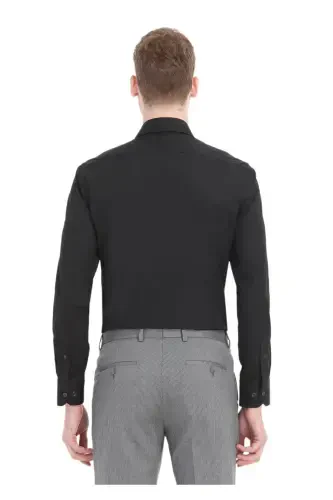 Black Plain Slim Fit Woven Classic Cotton Blend Shirt - 4