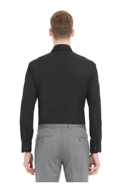 Black Plain Slim Fit Woven Classic Cotton Blend Shirt - 4