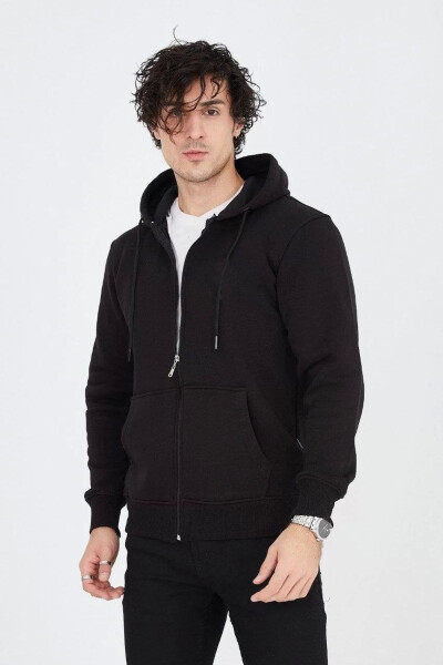 Black, plain zippered, hooded men's cardigan. - 2