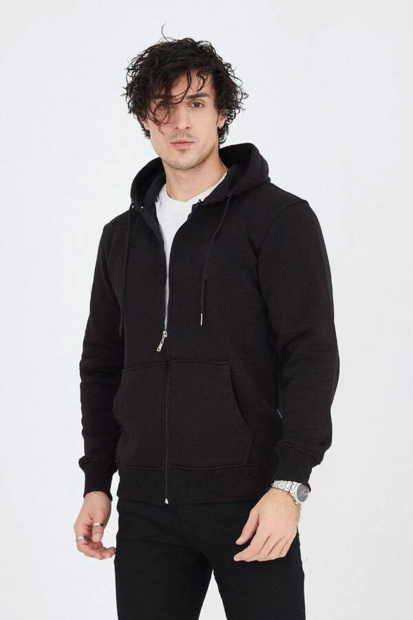 Black, plain zippered, hooded men's cardigan. - 2