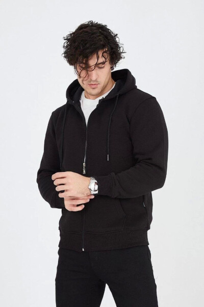 Black, plain zippered, hooded men's cardigan. - 3