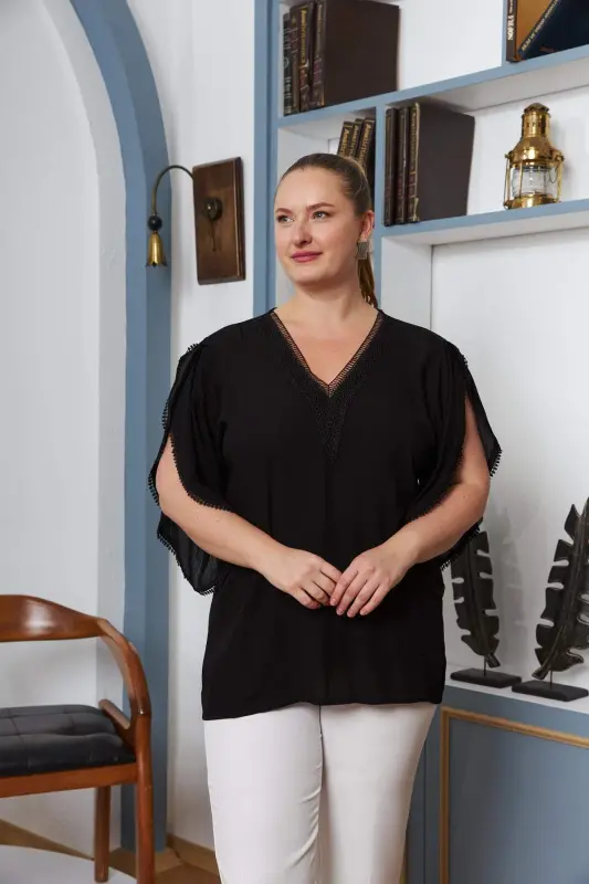 Black Plus Size Blouse with Guipure Lace Collar and Sleeves - 4