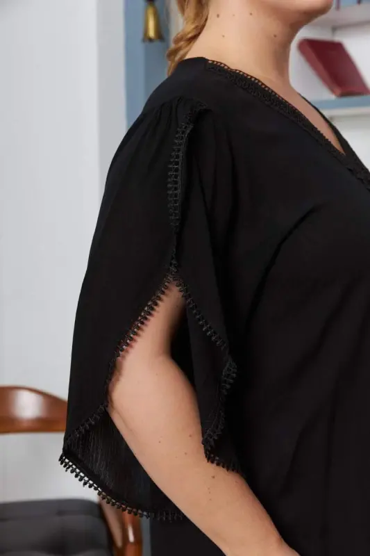 Black Plus Size Blouse with Guipure Lace Collar and Sleeves - 2