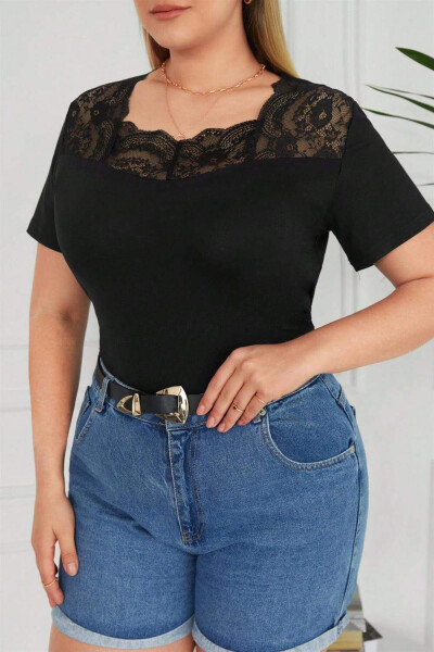 Black Plus Size Blouse with Square Neck and Lace - 2