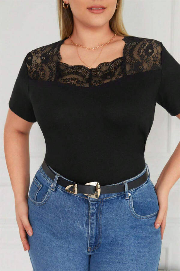 Black Plus Size Blouse with Square Neck and Lace - 4