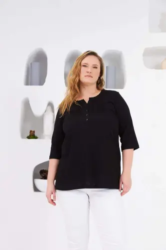 Black Plus Size Ribbed Crew Neck Blouse - 1