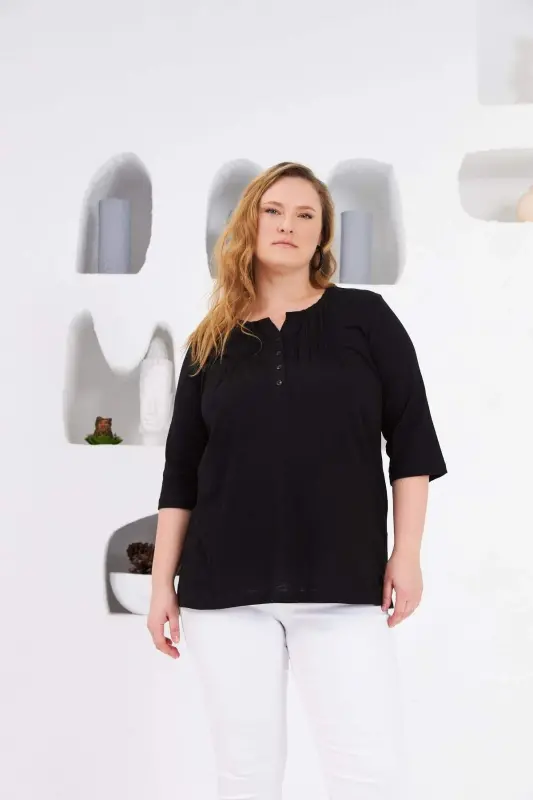 Black Plus Size Ribbed Crew Neck Blouse - 1