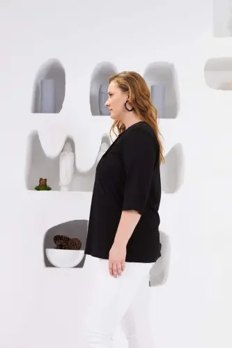 Black Plus Size Ribbed Crew Neck Blouse - BÜYÜKBEDENIZ (1)