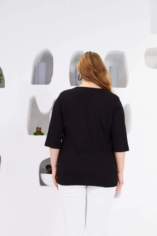 Black Plus Size Ribbed Crew Neck Blouse - 4