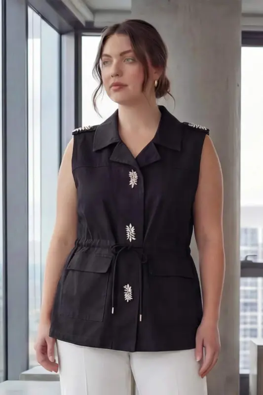 Black Plus Size Stone Detailed Vest with Waist Lace Detail - 1