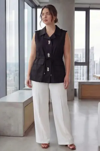 Black Plus Size Stone Detailed Vest with Waist Lace Detail - BÜYÜKBEDENIZ (1)