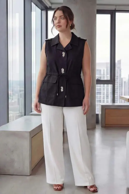Black Plus Size Stone Detailed Vest with Waist Lace Detail - 2