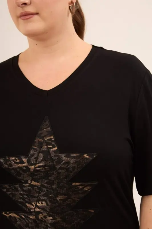 Black Plus Size T-Shirt with Star Applique - 2