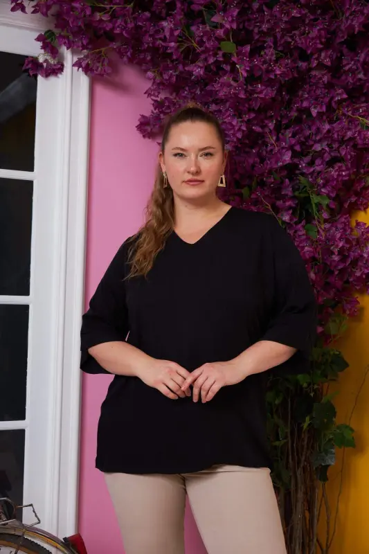 Black Plus Size V-Neck Blouse with Long Sleeves - BÜYÜKBEDENIZ
