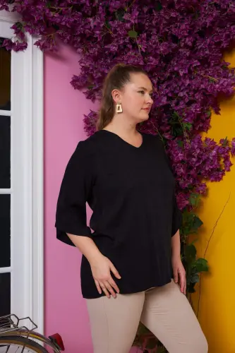 Black Plus Size V-Neck Blouse with Long Sleeves - BÜYÜKBEDENIZ (1)