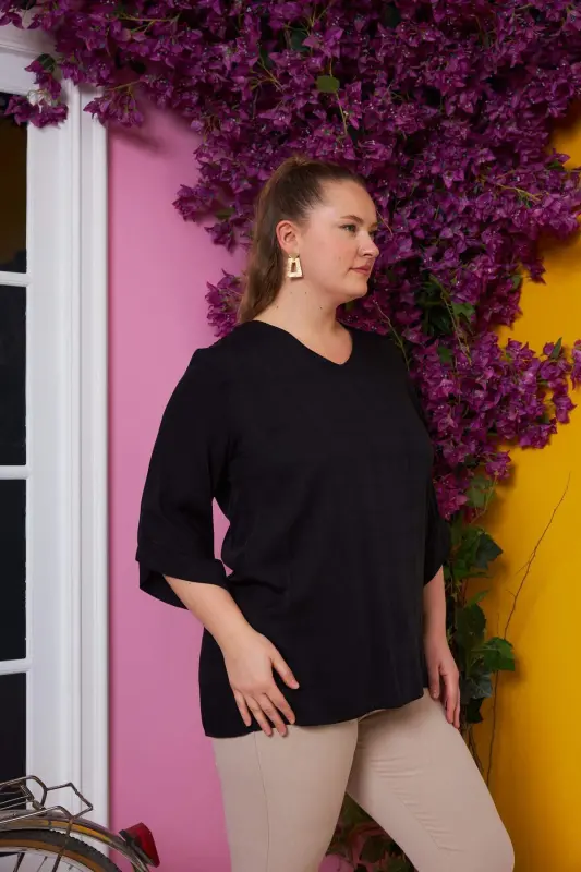 Black Plus Size V-Neck Blouse with Long Sleeves - 2