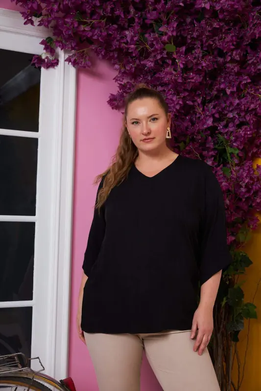 Black Plus Size V-Neck Blouse with Long Sleeves - 3