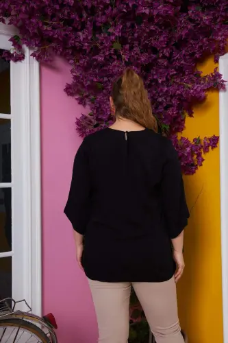 Black Plus Size V-Neck Blouse with Long Sleeves - 5