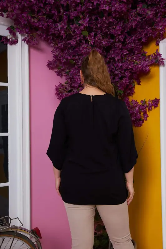 Black Plus Size V-Neck Blouse with Long Sleeves - 5