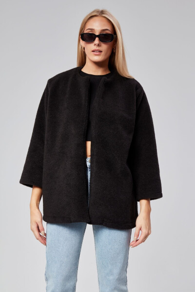 Black plush coat with belt. - 2