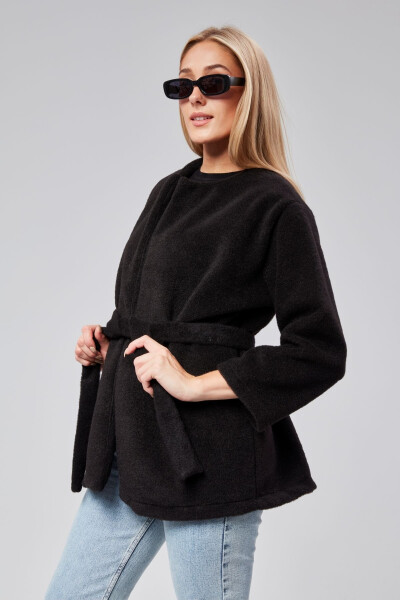 Black plush coat with belt. - 3