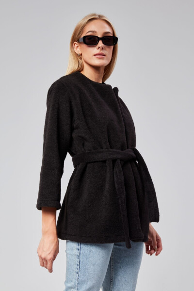 Black plush coat with belt. - 4