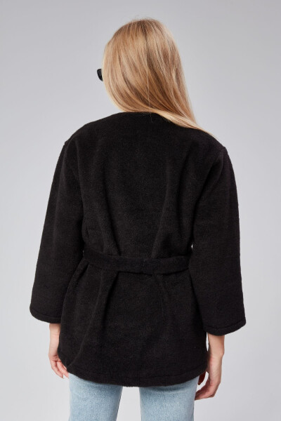 Black plush coat with belt. - 5