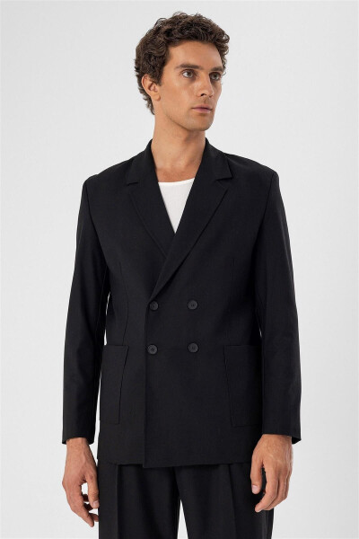 Black Pocket Flap Double Breasted Men's Blazer Jacket - 16