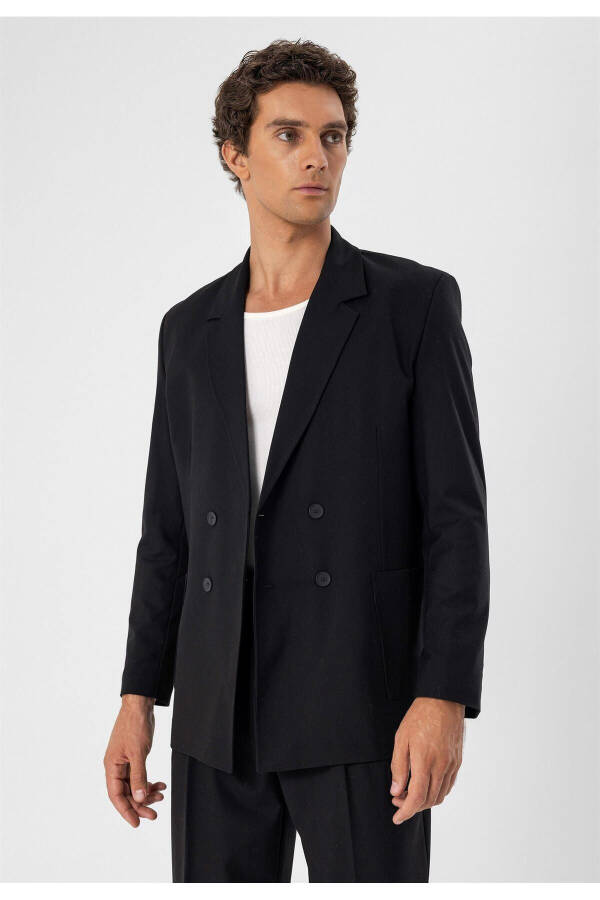 Black Pocket Flap Double Breasted Men's Blazer Jacket - 13