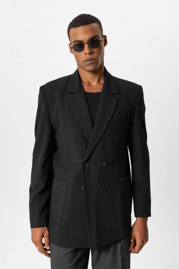 Black Pocket Flap Double Breasted Men's Blazer Jacket - 1