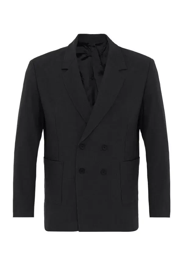 Black Pocket Flap Double Breasted Men's Blazer Jacket - 6