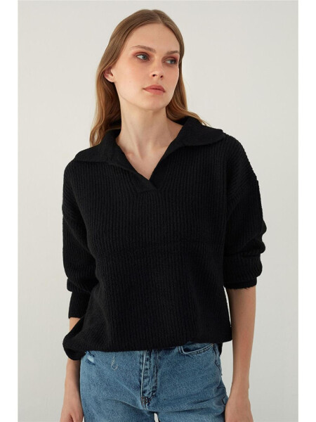 Black Polo Neck Knit Sweater - 1