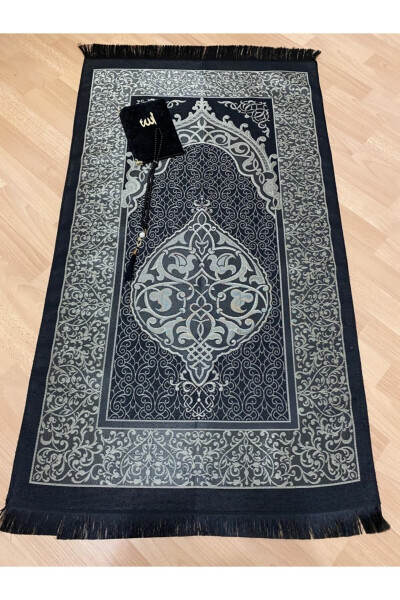 Black prayer rug, made of taffeta fabric, fringed and gift-worthy. - 4